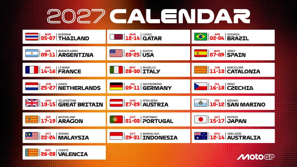 MotoGP 2027, calendario del mundial de motociclismo. Valencia el 28 de noviembre
